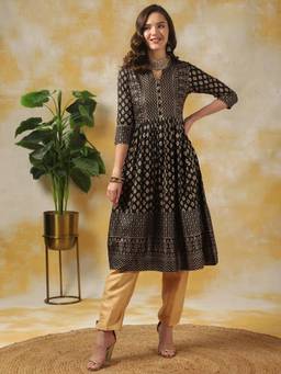 Rangita - Women Black Ethnic Printed Calf Length Anarkali Kurta