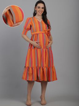 Moms Maternity - Womens Striped Print Organic Khadi Orange Midi Dress with Belt (Set of 2)