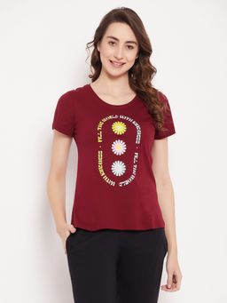 Clovia - Graphic Print Top In Maroon- Cotton