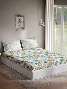 Ddecor Live Beautiful - Cotton Leaves Double Bedsheet With 2 Pillow Covers, 144 TC