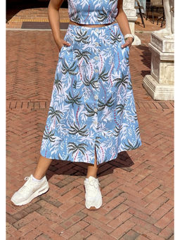 Label Tanvee - Blue Topical Printed Midi Skirt