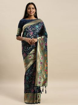 Amrutam Fab - Women's Banarasi Silk Navy Blue Saree with Unstitched Blouse