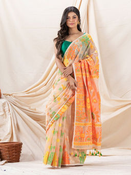 Angoshobha - Traditional Peach Cotton Blended Horse Soft Dhakai Jamdani Saree with Unstitched Blouse