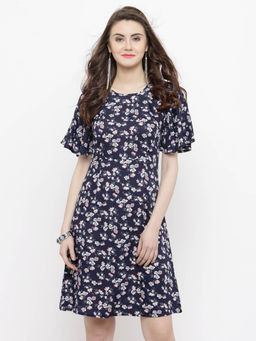 Sera - Blue Floral Print Knee Length Dress
