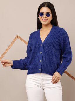 NOBARR - Womens Blue Acrylic V-Neck Button Closure Cardigan