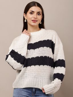 NOBARR - Womens White and Black Acrylic Round Neck Sweater