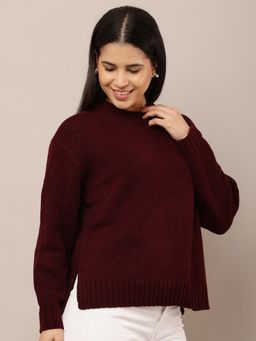 NOBARR - Womens Maroon Acrylic Round Neck Maroon Sweater