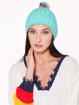 Bharatasya - Turquoise Ultra Soft Ribbed Pom-Pom Winter Cap