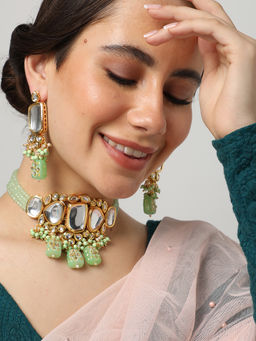 Sohi - Gold Plated Gold Plated Green Kundan Studded Beaded Choker Jewellery (Set of 2)