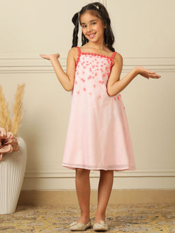 POCOMICO - Girls Pink Floral Embroidered A-Line Dress