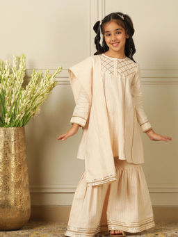 POCOMICO - Girls Beige Kurta with Sharara and Dupatta