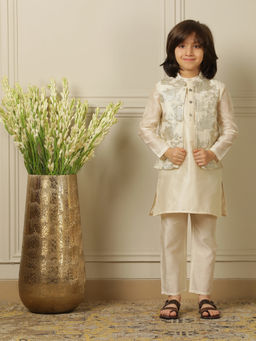 POCOMICO - Boys Beige Kurta with Pant and Jacket