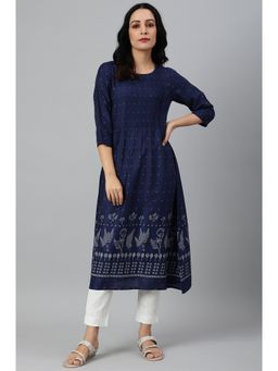 W - Navy Blue Printed A-line Kurta With Pin Tucks