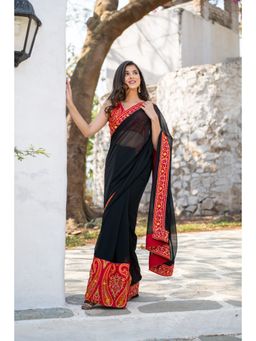 Label Shaurya Sanadhya - Red and Black Thread Work Saree with Unstitched Blouse