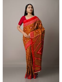 Unnati Silks - Rust Brown Pure Bandhani Kota Cotton Saree with Unstitched Blouse