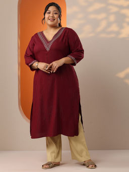 Extra love by Libas - Plus Size Women Maroon Embroidered Viscose Rayon Straight Kurta