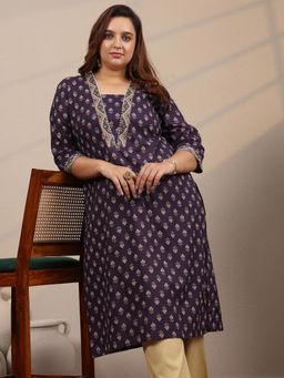 Extra love by Libas - Plus Size Women Plus Size Women Purple Floral Cotton Straight Kurta