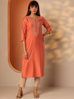 Libas - Women Orange Embroidered Silk Straight Kurta