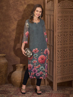 FASHOR - Women Grey Floral Printed Straight Fit Georgette Kurta