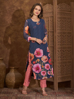 FASHOR - Women Navy Blue Floral Printed Straight Fit Georgette Kurta