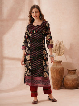FASHOR - Women Black Floral Printed Straight Fit Kurta