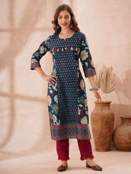 FASHOR - Women Blue Floral Printed Straight Fit Kurta