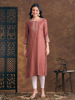 FASHOR - Women Rust Floral Embroidered Straight Fit Kurta