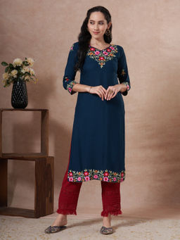 FASHOR - Women Blue Floral Embroidered Straight Fit Kurta