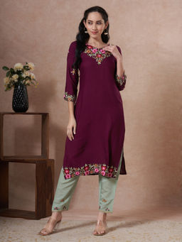 FASHOR - Women Wine Floral Embroidered Straight Fit Kurta