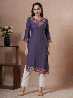 FASHOR - Women Lavender Floral Embroidered Straight Fit Kurta