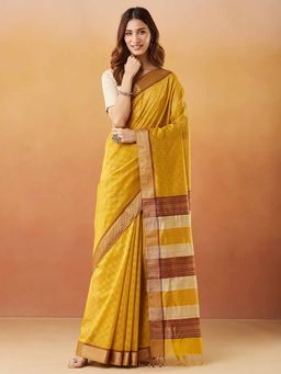 Fabindia - Mustard Cotton Silk Blend Hand Block Printed Saree Without Blouse