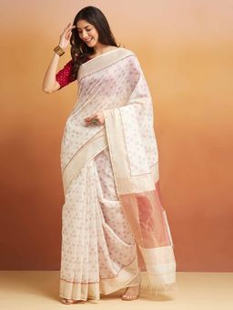 Fabindia - Natural Cotton Silk Blend Hand Block Printed Saree Without Blouse