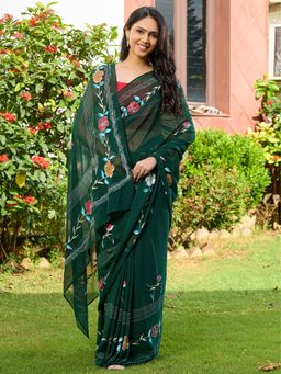 HOUSE OF JAMOTI - Dark Green Hand Painted Saree Without Blouse