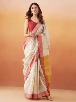 Fabindia - Mustard Silk Hand Woven Saree Without Blouse