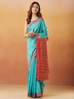 Fabindia - Teal Silk Hand Woven Saree Without Blouse
