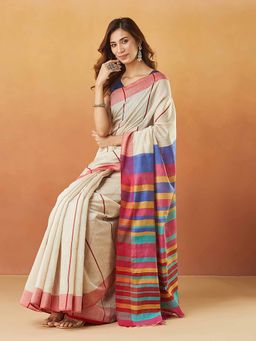 Fabindia - Beige Silk Hand Woven Saree Without Blouse
