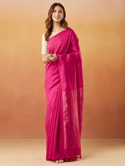 Fabindia - Pink Silk Hand Woven Saree Without Blouse
