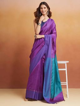 Fabindia - Purple Silk Hand Woven Saree Without Blouse