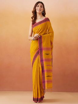 Fabindia - Mustard Cotton Jamdani Saree Without Blouse
