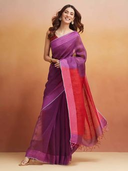 Fabindia - Purple Linen Hand Woven Saree Without Blouse
