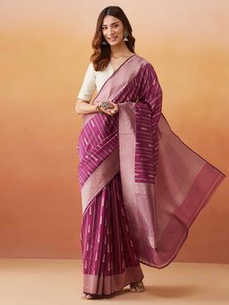 Fabindia - Wine Cotton Silk Blend Woven Sari