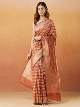 Fabindia - Rust Cotton Silk Blend Woven Saree Without Blouse