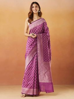 Fabindia - Pink Cotton Silk Blend Woven Sari