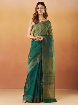 Fabindia - Green Silk Blend Jamdani Sari