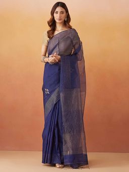 Fabindia - Navy Silk Blend Jamdani Sari