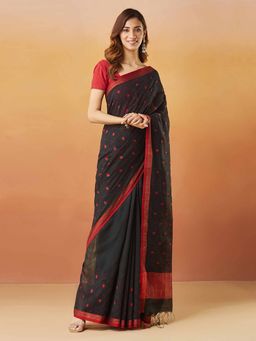 Fabindia - Black Cotton Silk Blend Woven Saree Without Blouse