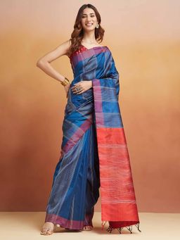 Fabindia - Navy Silk Hand Woven Saree Without Blouse
