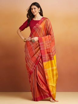 Fabindia - Rust Silk Hand Woven Saree Without Blouse