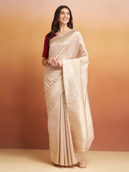 Fabindia - Beige Cotton Silk Blend Woven Saree Without Blouse
