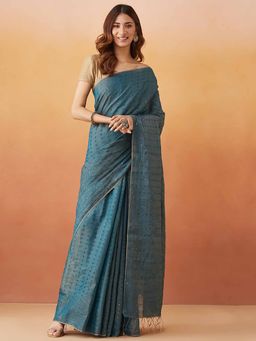 Fabindia - Teal Silk Blend Woven Saree Without Blouse